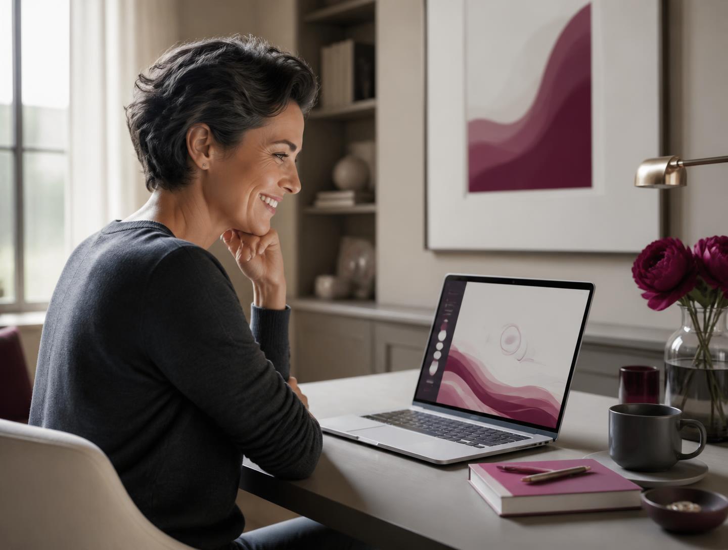 Een vrouw volgt met zichtbaar plezier het online GlowUp!-programma op haar laptop