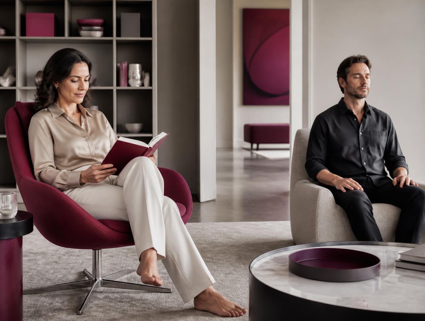 Een vrouw leest terwijl een man rustig mediteert in een eigentijds interieur